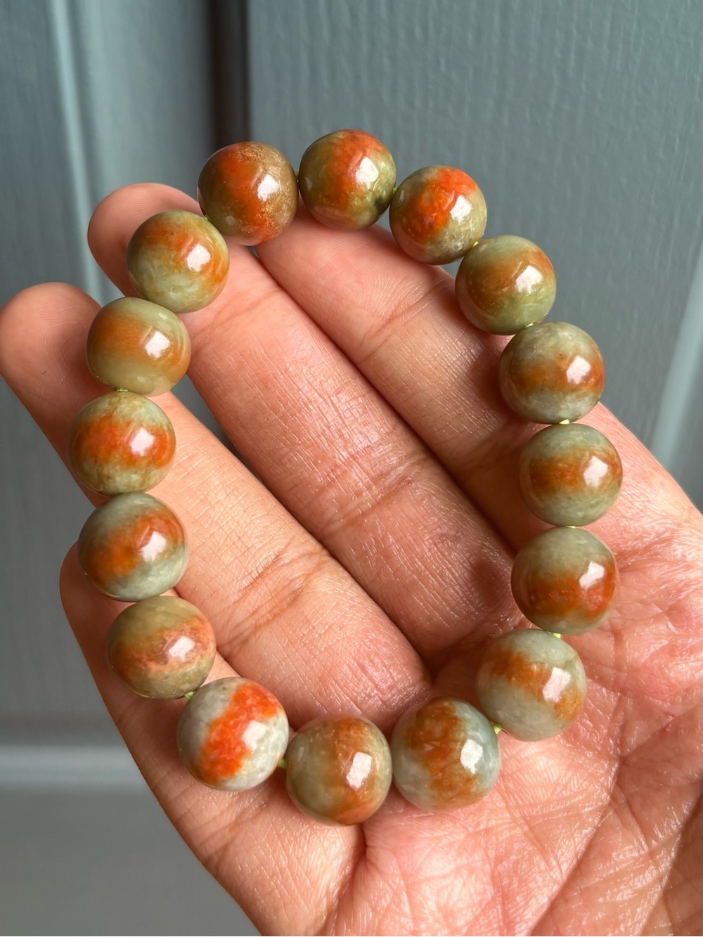 Red Banded Burmese Jadeite Crystal Bracelet 13mm